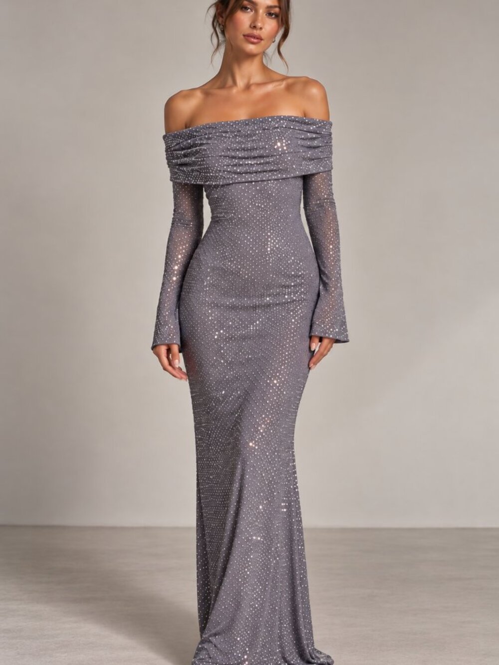 MESHKI Rhinestone Off Shoulder Maxi Dress Womens L Gray Long Sleeve Formal Gown